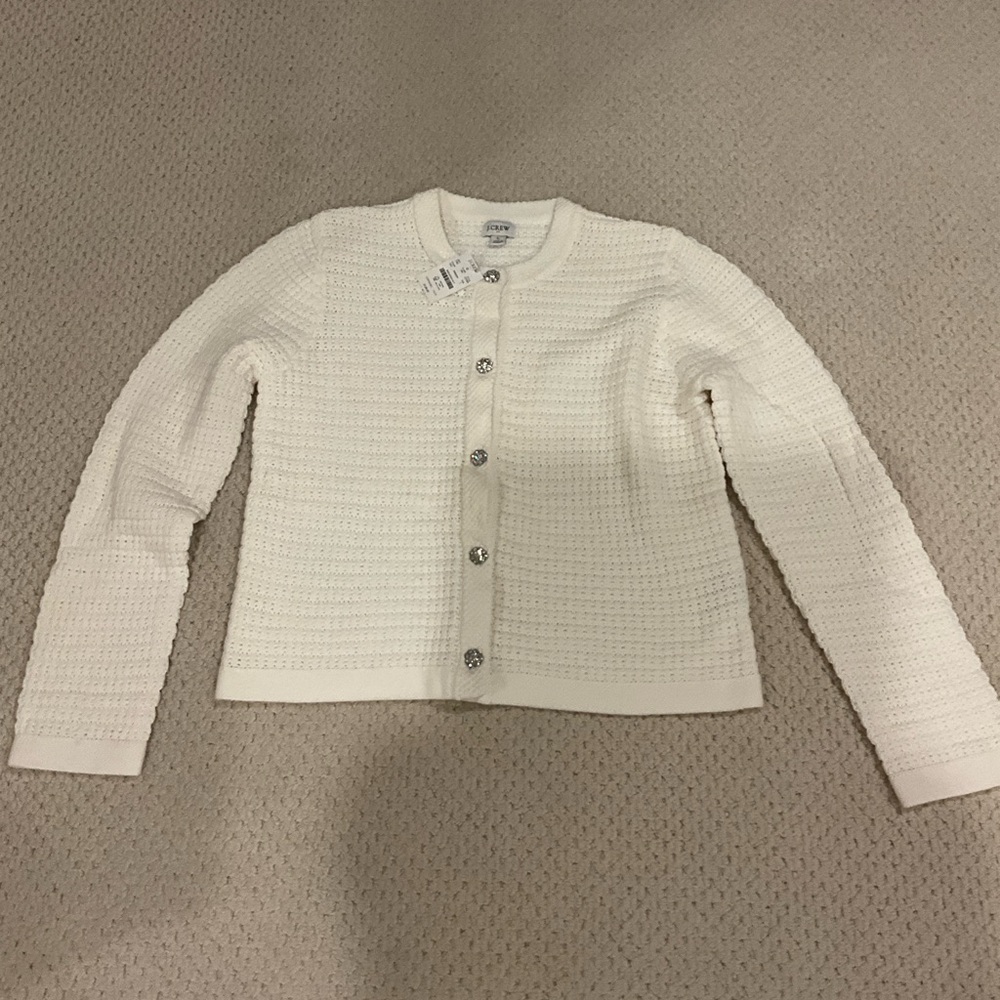NWT J.Crew Ivory Textured Knit Cardigan Jacket – Rhinestone Buttons – Size L